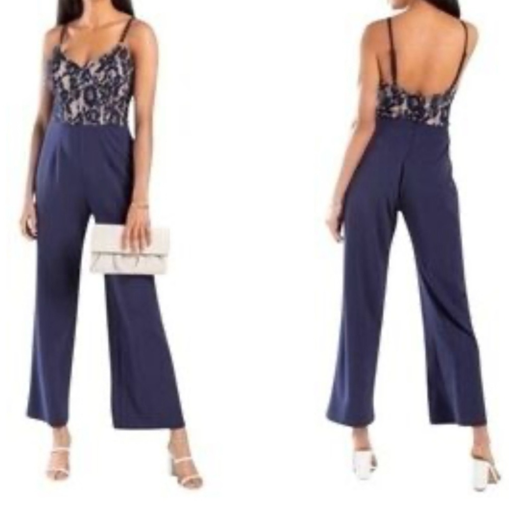 MI AMI Navy Wide Leg Lace Bodice Jumpsuit Sz M